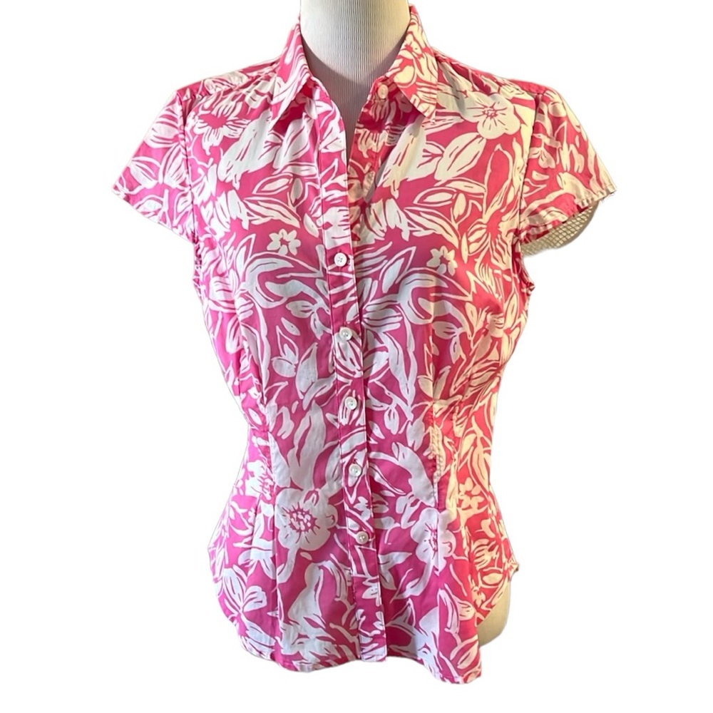 JONES NEW YORK TROPICAL PRINT SHORT SLEEVE BUTTON UP BLOUSE PINK WHITE SIZE S